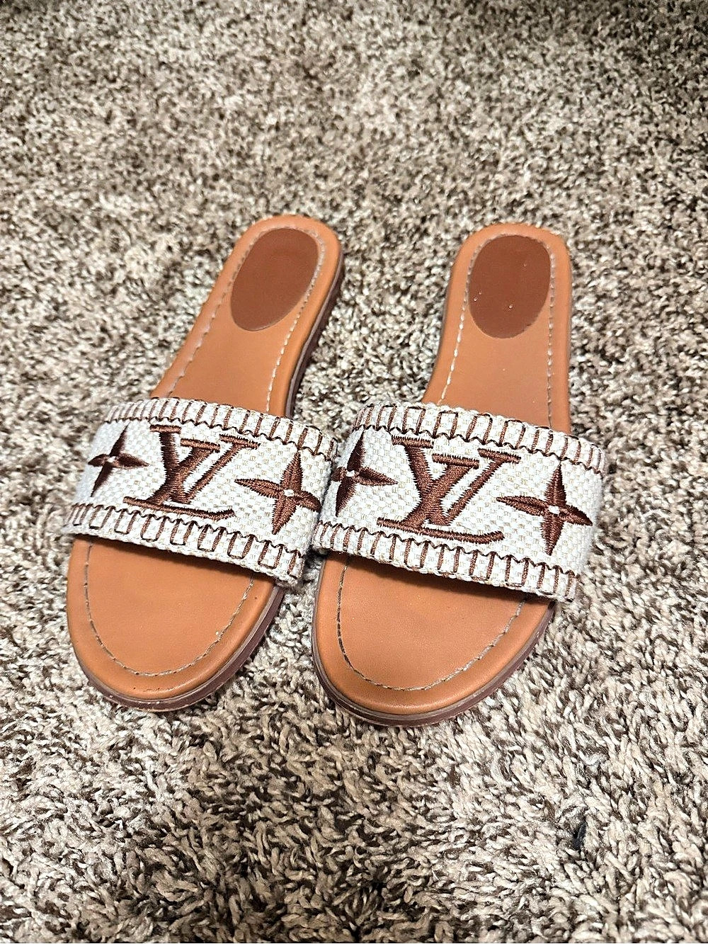 Monogram Slide Sandals in Brown & White